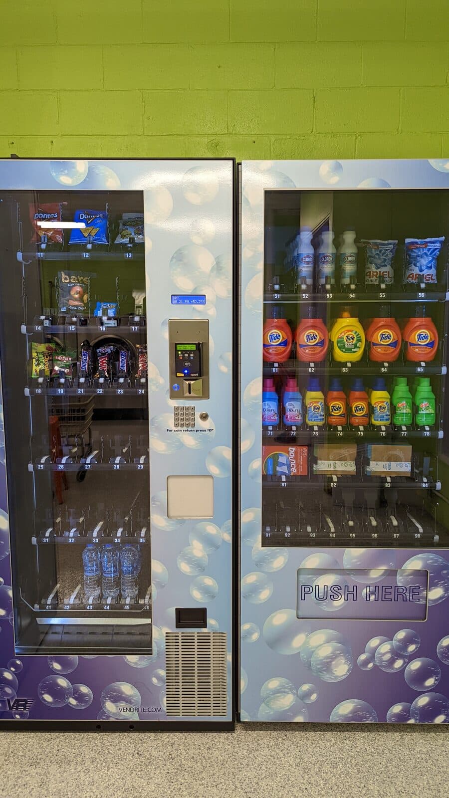 Vending machines inside The Mat stocked with detergent, snacks and drinks